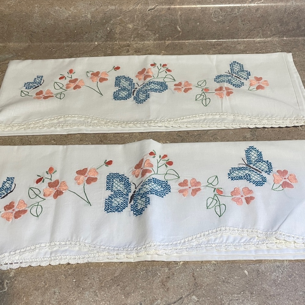 Embroidered Butterfly and Floral Pillowcase, Never used